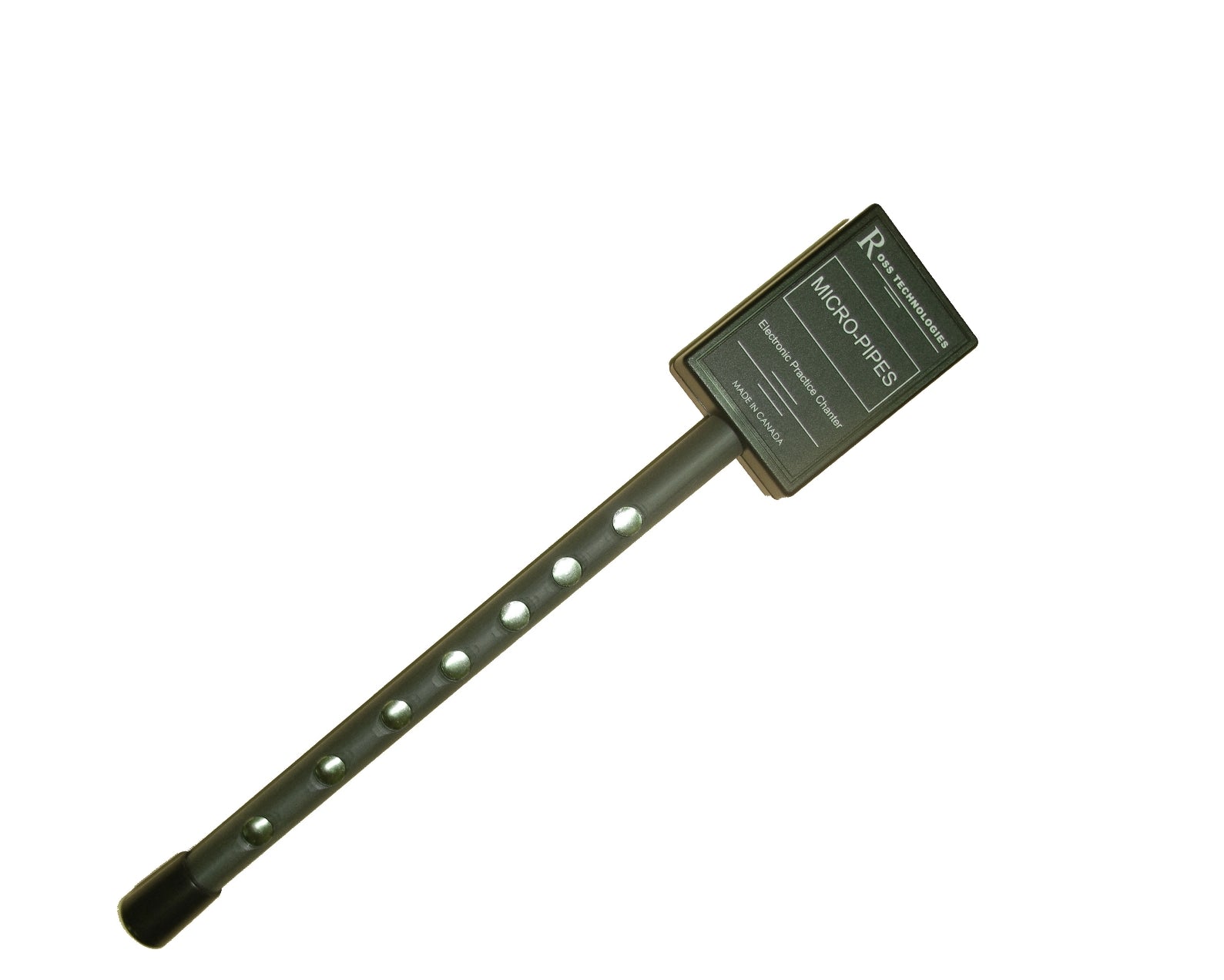 Ross Technologies compact, electronic MicroPipes practice instrument for bagpipes, in black color, with touch sensors and a 3.5 mm stereo jack for headphones.